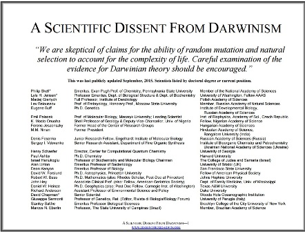 Primera página de "La disidencia científica del Darwinismo" la lista, actualizada en septiembre de 2015.